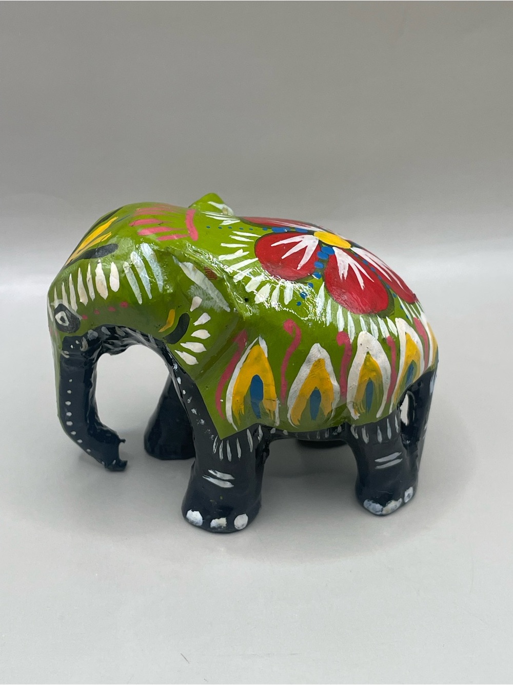 Wooden Trunk Down Elephant Multicolor Made in Sri Lanka Home Decor 2.25” Tall